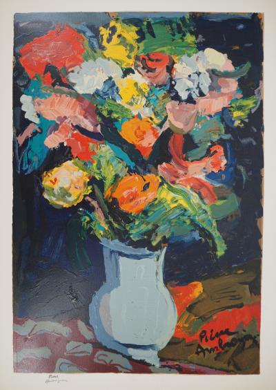 Pierre AMBROGIANI (1907-1985), Bouquet coloré - Bois gravé original Signé 2