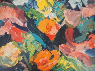 Pierre AMBROGIANI (1907-1985), Bouquet coloré - Bois gravé original Signé 2