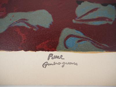 Pierre AMBROGIANI (1907-1985), Bouquet coloré - Bois gravé original Signé 2