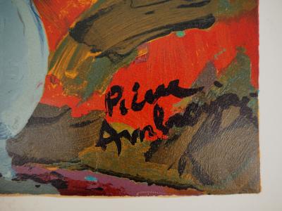 Pierre AMBROGIANI (1907-1985), Bouquet coloré - Bois gravé original Signé 2