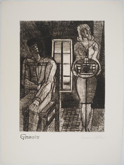 Marcel GROMAIRE : Au bar, la serveuse - Gravure sur cuivre originale Signée 2