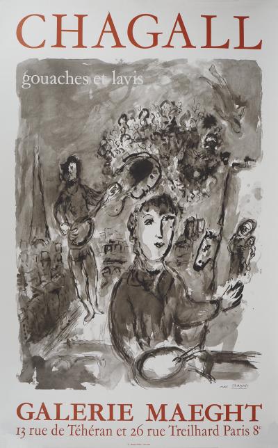 Marc CHAGALL : Le peintre dans l’atelier à Paris, Affiche originale d’époque signée 2