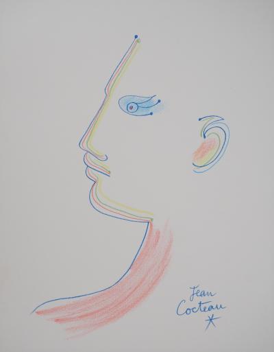 Jean COCTEAU : Profil multicolore, Affiche originale en lithographie signée 2