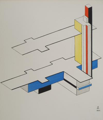 Félix DEL MARLE : Architecture, plan abstrait, Lithographie et pochoir signée 2