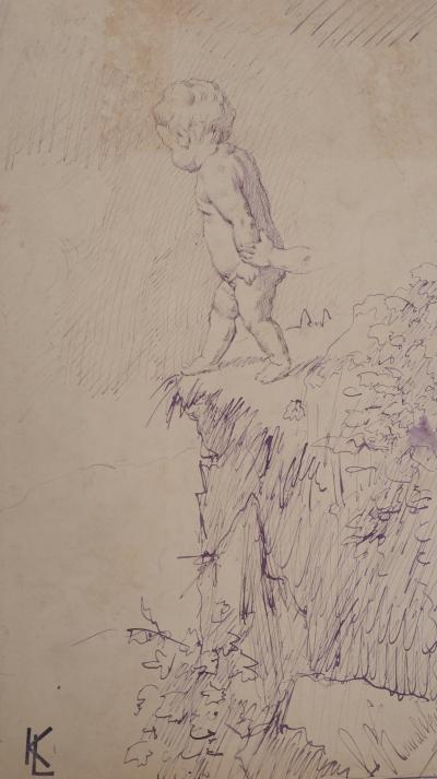 Léopold Franz KOWALSKI: Enfant au bord du lac, dessin original 2