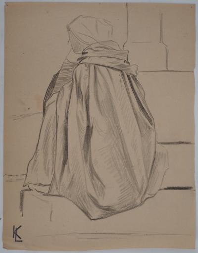Léopold Franz KOWALSKI: Drapé d'une cape vue de dos, dessin original 2