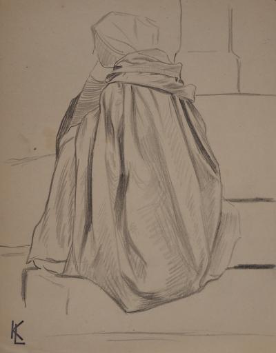 Léopold Franz KOWALSKI: Drapé d'une cape vue de dos, dessin original 2