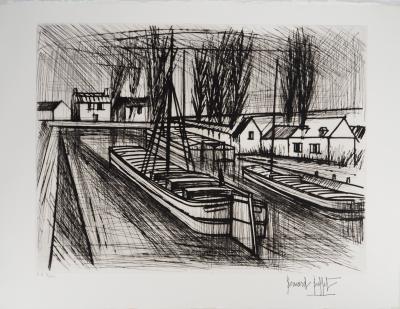 Bernard BUFFET : Péniches sur le canal, Gravure originale signée