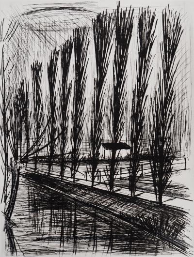 Bernard BUFFET : Peupliers au bord du canal, Gravure originale réhaussée signée 2