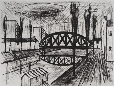 Bernard BUFFET : Bord de canal : le pont métallique, Gravure originale signée 2