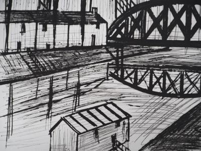 Bernard BUFFET : Bord de canal : le pont métallique, Gravure originale signée 2