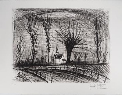 Bernard BUFFET : L’église au lointain, Gravure originale signée 2