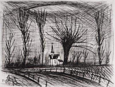 Bernard BUFFET : L’église au lointain, Gravure originale signée 2