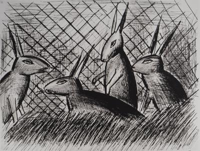 Bernard BUFFET : Les lapins, Gravure originale signée 2
