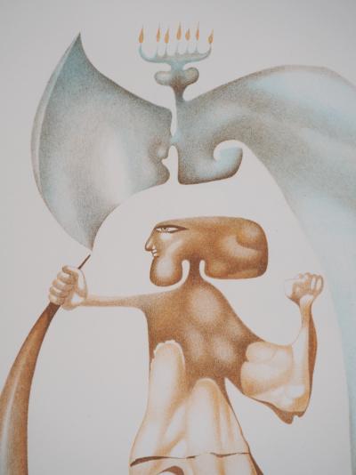 Jules PERAHIM : L’alphabet Hébreu, Homme à la Menorah, Lithographie originale signée 2