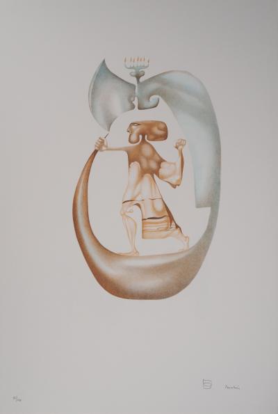 Jules PERAHIM : L’alphabet Hébreu, Homme à la Menorah, Lithographie originale signée 2