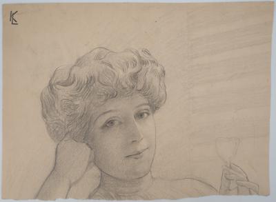 Léopold Franz KOWALSKI: Portrait de Solène tenant une fleur, dessin original 2