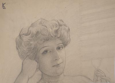 Léopold Franz KOWALSKI: Portrait de Solène tenant une fleur, dessin original 2
