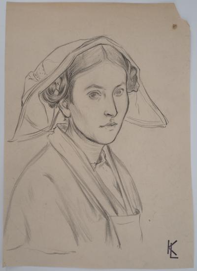 Léopold Franz KOWALSKI: Portrait d'Amélie coiffée de deux chignons, dessin original 2