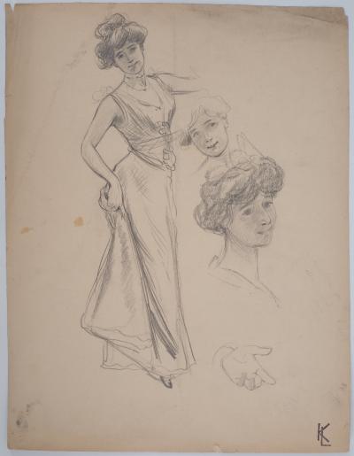Léopold Franz KOWALSKI: Léa pose en robe, dessin original 2