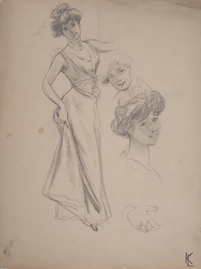 Léopold Franz KOWALSKI: Léa pose en robe, dessin original 2