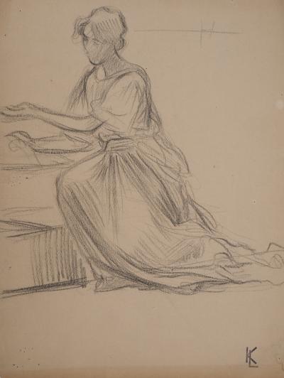 Léopold Franz KOWALSKI: Sujet féminin en robe, dessin original 2