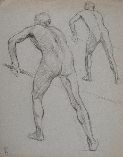 Léopold Franz KOWALSKI: Étude du nu masculin de dos, dessin original 2