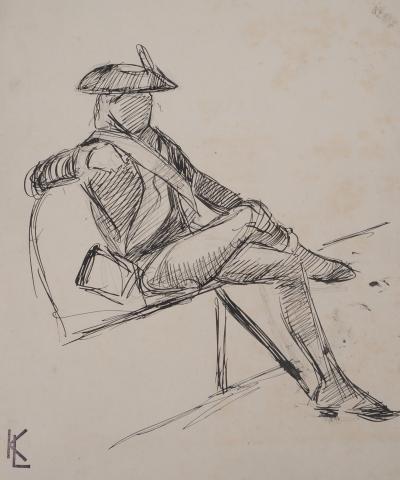Léopold Franz KOWALSKI: Un soldat assis, dessin original 2
