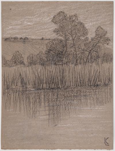 Léopold Franz KOWALSKI: Paysage de bord d'étang, dessin original 2