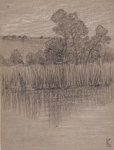 Léopold Franz KOWALSKI: Paysage de bord d'étang, dessin original 2