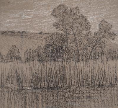 Léopold Franz KOWALSKI: Paysage de bord d'étang, dessin original 2