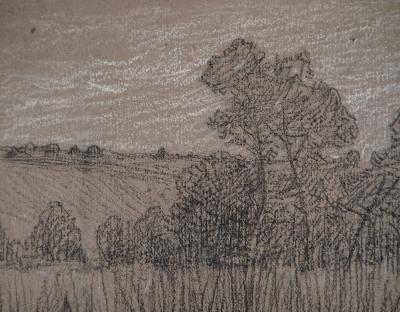 Léopold Franz KOWALSKI: Paysage de bord d'étang, dessin original 2