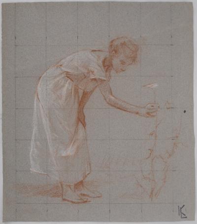 Léopold Franz KOWALSKI: La dame à la cueillette aux fleurs, dessin original 2