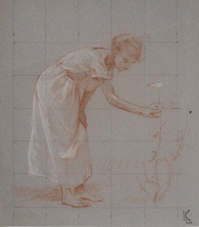 Léopold Franz KOWALSKI: La dame à la cueillette aux fleurs, dessin original 2