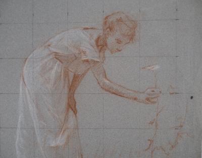 Léopold Franz KOWALSKI: La dame à la cueillette aux fleurs, dessin original 2