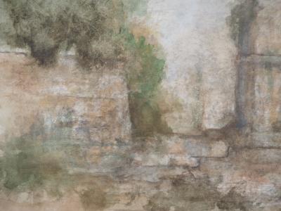Gilbert PASTOR : Ruine et arbres sous la brume, Aquarelle originale signée 2