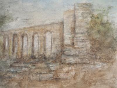Gilbert PASTOR : Vue sur un aqueduc sous le brouillard, Aquarelle originale signée 2