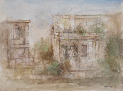 Gilbert PASTOR : Ruine dans la végétation, Aquarelle originale signée 2