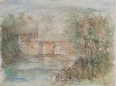 Gilbert PASTOR : Pont à voute sur un marais, Aquarelle originale signée 2