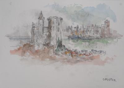 Gilbert PASTOR : Ville dans le Sud, Aquarelle originale signée 2