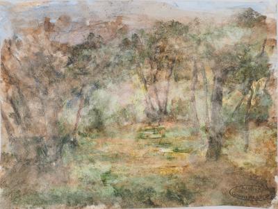 Gilbert PASTOR : Forêt sous un puit de lumière, Aquarelle originale signée 2