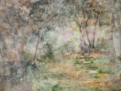 Gilbert PASTOR : Forêt sous un puit de lumière, Aquarelle originale signée 2