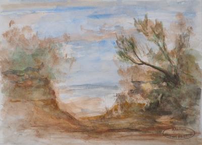 Gilbert PASTOR : Vue sur la mer Méditerranée, Aquarelle originale signée 2
