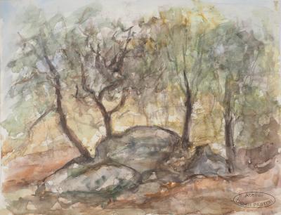 Gilbert PASTOR : Coucher de soleil derrière les arbres, Aquarelle originale signée 2