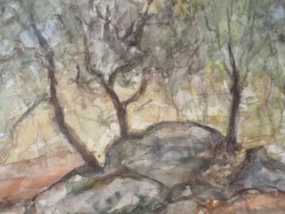 Gilbert PASTOR : Coucher de soleil derrière les arbres, Aquarelle originale signée 2