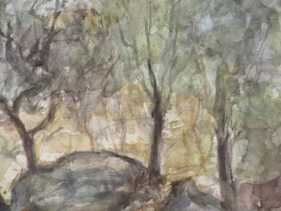 Gilbert PASTOR : Coucher de soleil derrière les arbres, Aquarelle originale signée 2