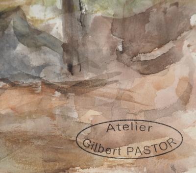 Gilbert PASTOR : Coucher de soleil derrière les arbres, Aquarelle originale signée 2