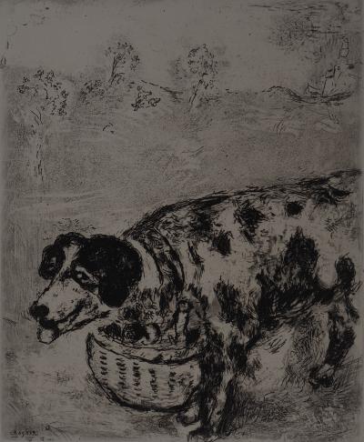 Marc CHAGALL : Le chien au panier, Gravure originale signée 2