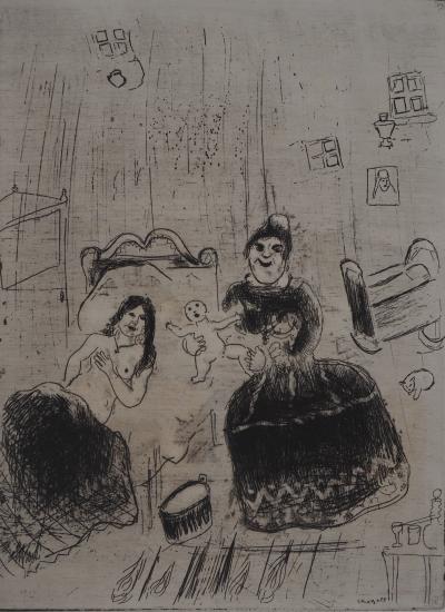 Marc CHAGALL : La naissance de Tchitchikov, Gravure originale signée 2
