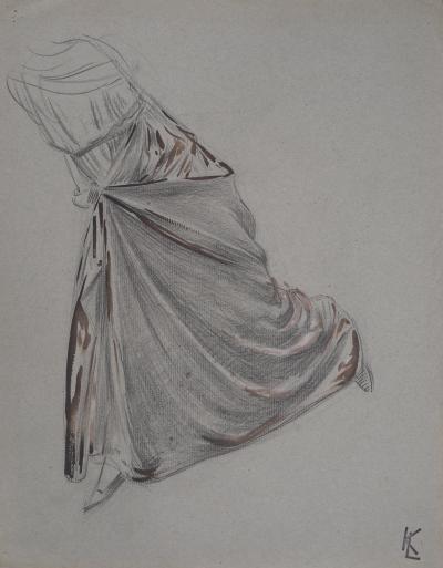 Léopold Franz KOWALSKI: Le drapé de jupe relevée, dessin original 2